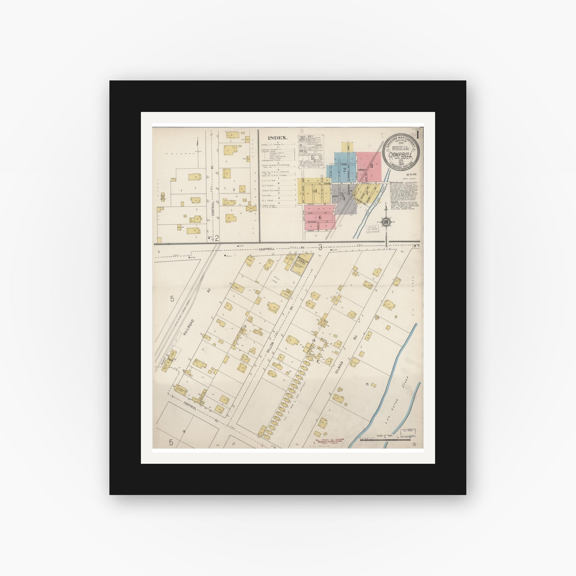 Old map wall art mockup — black gallery frame with white mat — Sanborn Fire Insurance Map from Campbell, Santa Clara County, California (1920) - Complete Map Set