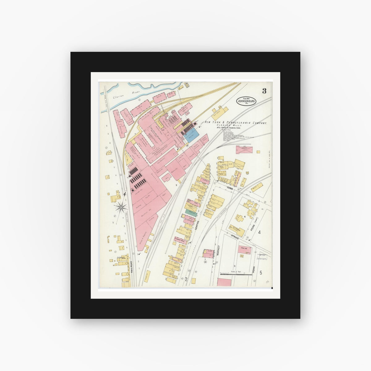 Old map wall art mockup — black gallery frame with white mat — Sanborn Fire Insurance Map from Johnsonburg, Elk County, Pennsylvania (1904), Sheet #0003