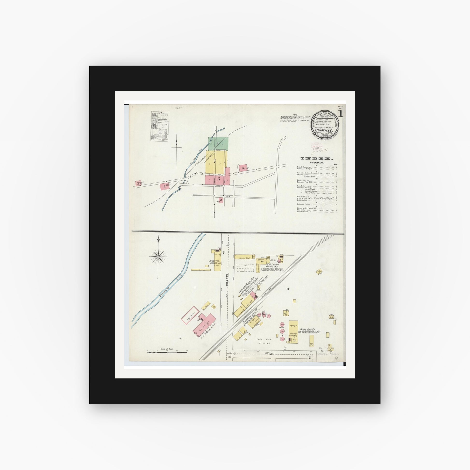 Old map wall art mockup — black gallery frame with white mat — Sanborn Fire Insurance Map from Louisville, Stark County, Ohio (1895), Sheet #0001