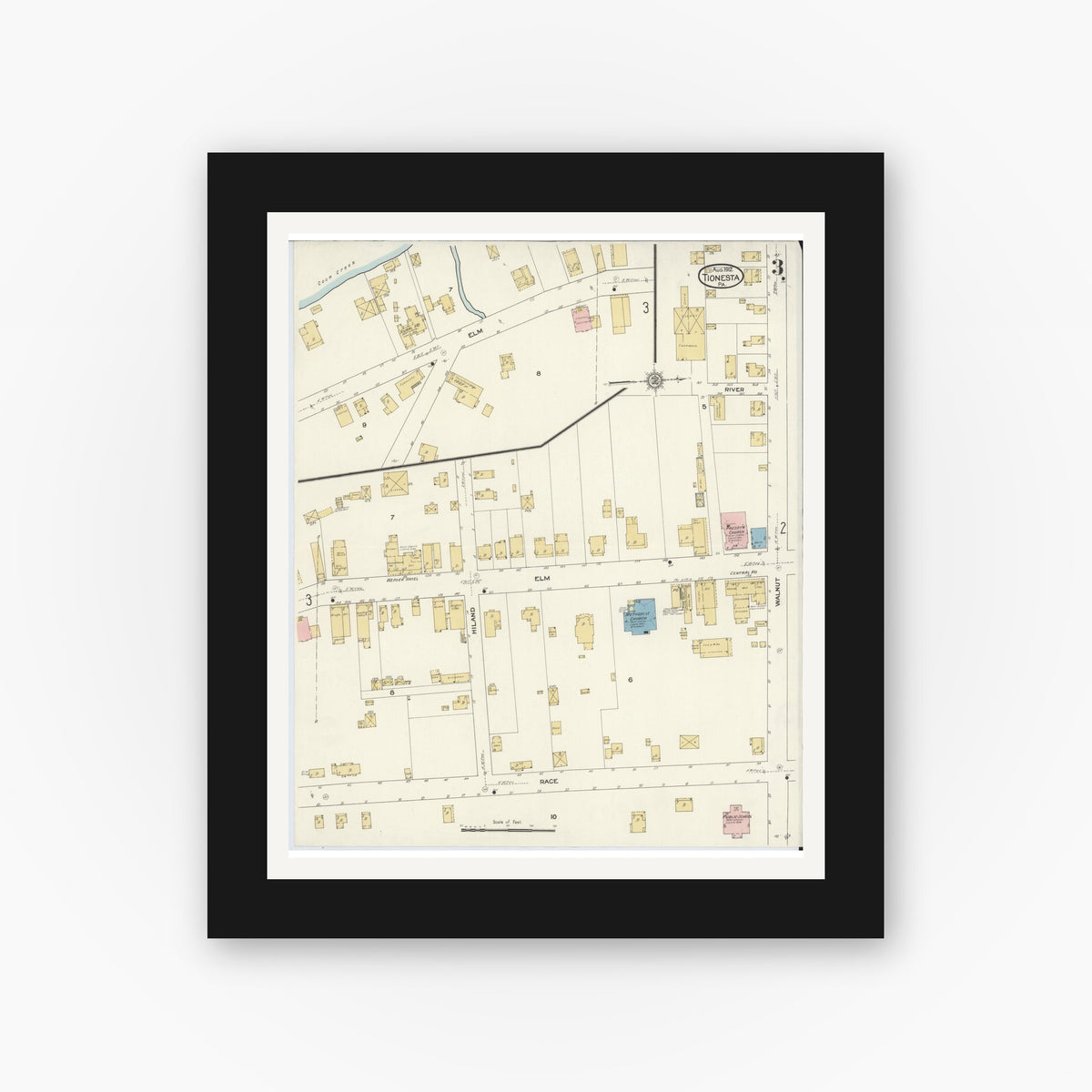 Old map wall art mockup — black gallery frame with white mat — Sanborn Fire Insurance Map from Tionesta, Forest County, Pennsylvania (1912), Sheet #0003