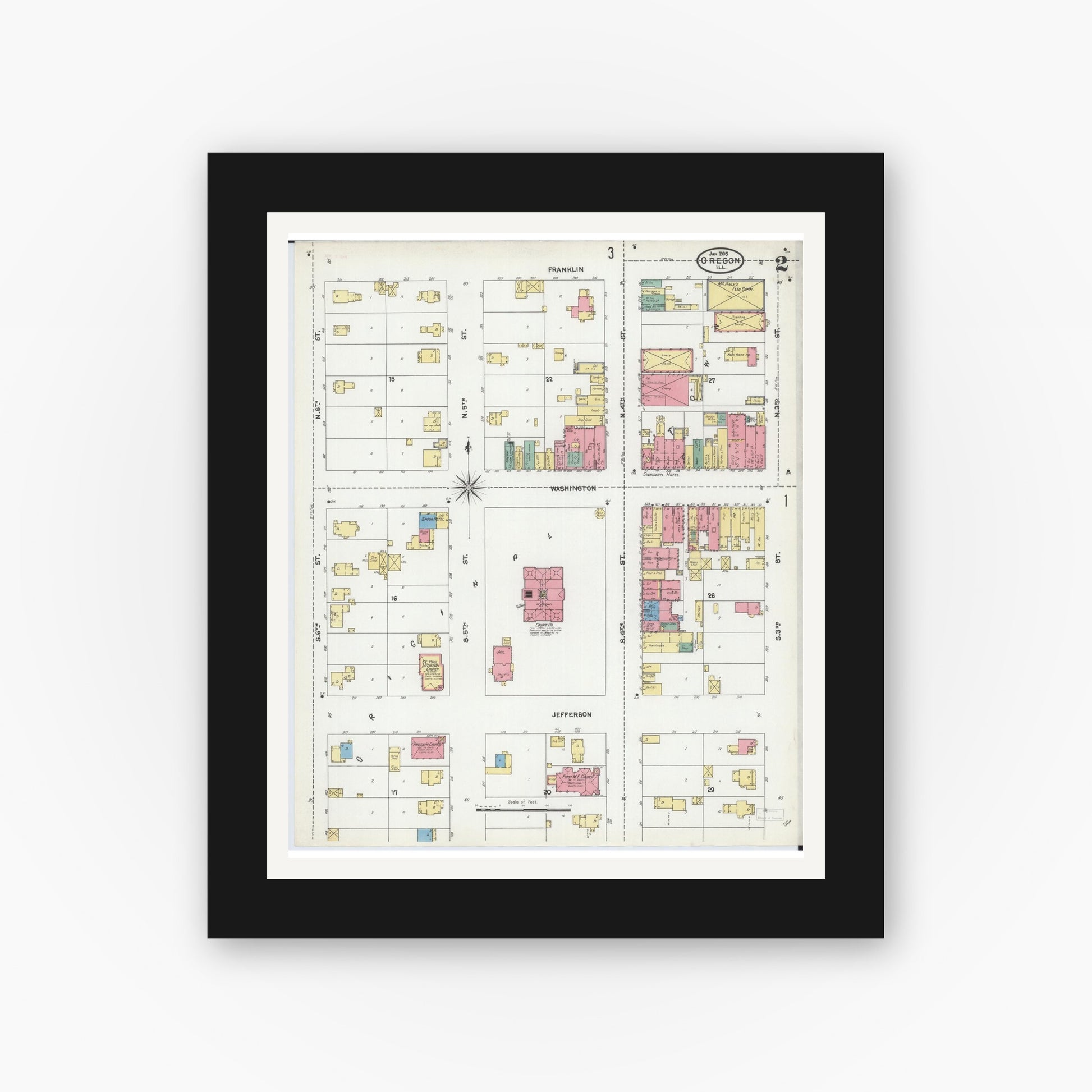 Old map wall art mockup — black gallery frame with white mat — Sanborn Fire Insurance Map from Oregon, Ogle County, Illinois (1905), Sheet #0002