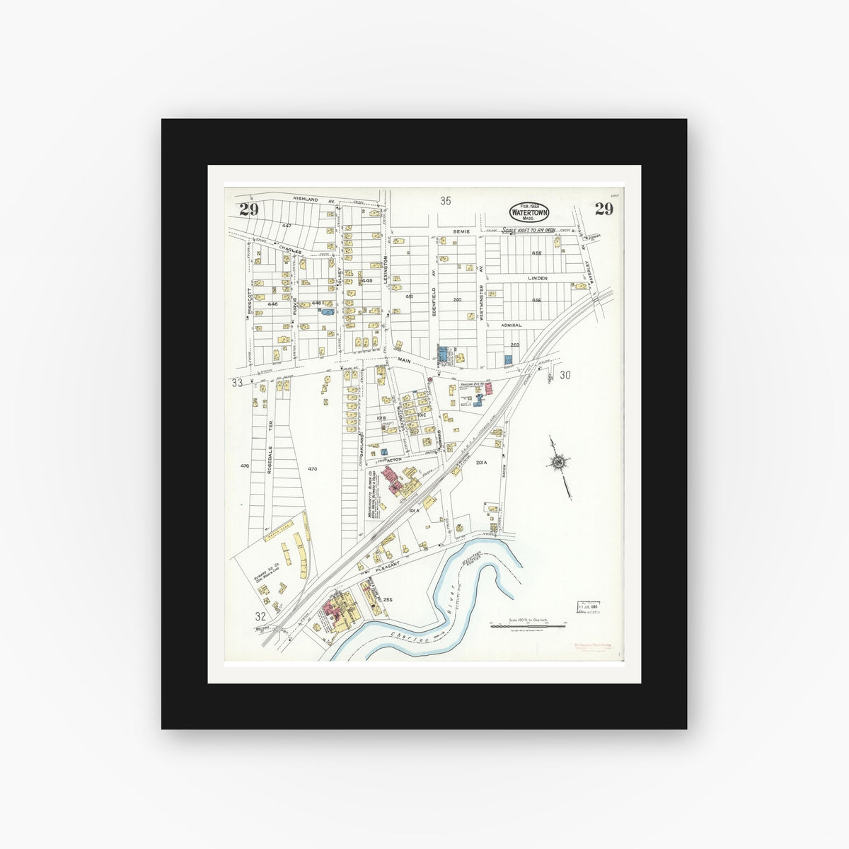 Old map wall art mockup — black gallery frame with white mat — Sanborn Fire Insurance Map from Watertown, Middlesex County, Massachusetts (1923), Sheet #0029
