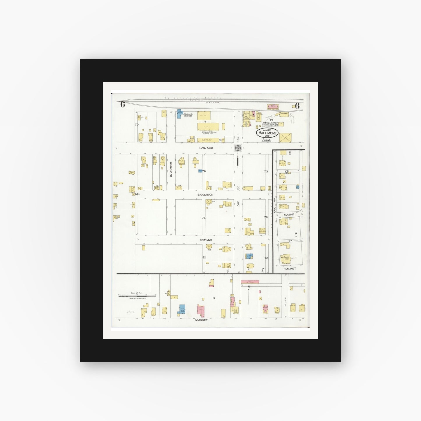Old map wall art mockup — black gallery frame with white mat — Sanborn Fire Insurance Map from Baltimore, Fairfield County, Ohio (1926), Sheet #0006