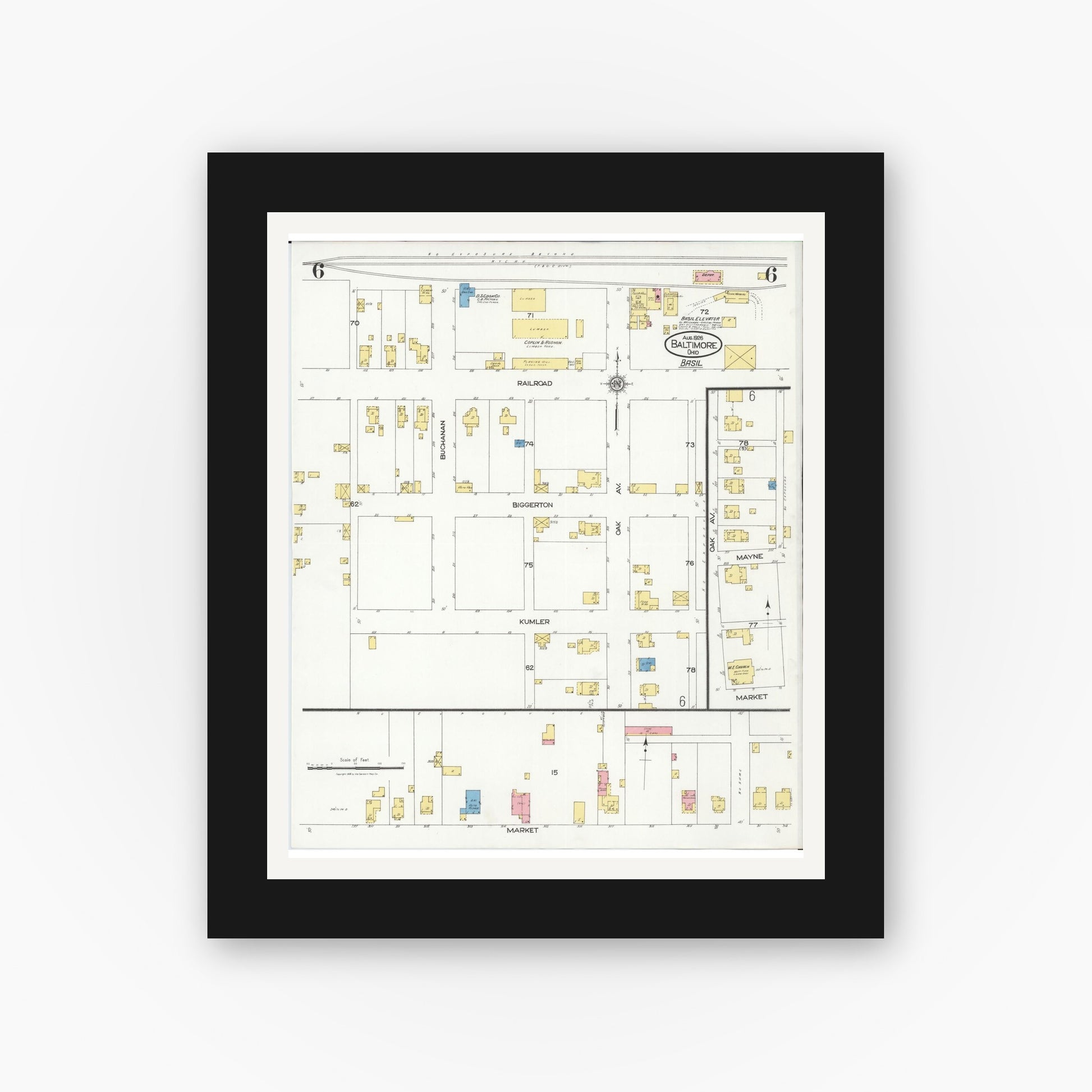 Old map wall art mockup — black gallery frame with white mat — Sanborn Fire Insurance Map from Baltimore, Fairfield County, Ohio (1926), Sheet #0006