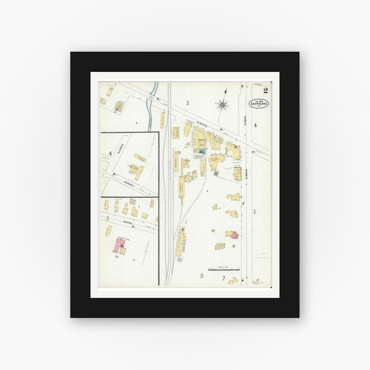 Old map wall art mockup — black gallery frame with white mat — Sanborn Fire Insurance Map from Sherburne, Chenango County, New York (1906), Sheet #0002