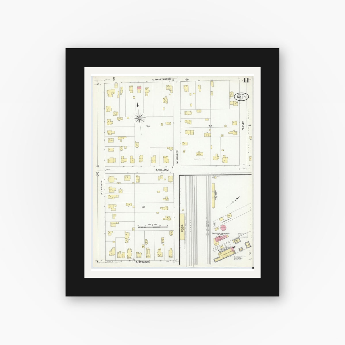 Old map wall art mockup — black gallery frame with white mat — Sanborn Fire Insurance Map from Bath, Steuben County, New York (1909), Sheet #0011