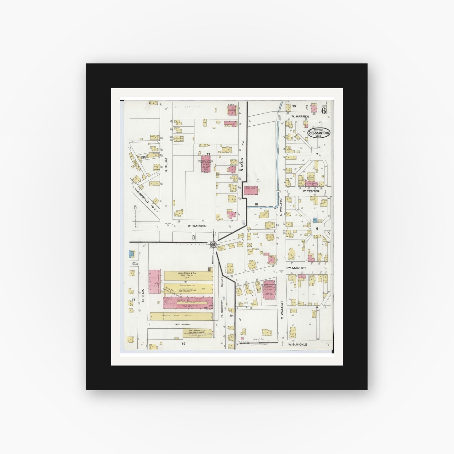 Old map wall art mockup — black gallery frame with white mat — Sanborn Fire Insurance Map from Germantown, Montgomery County, Ohio (1921), Sheet #0006