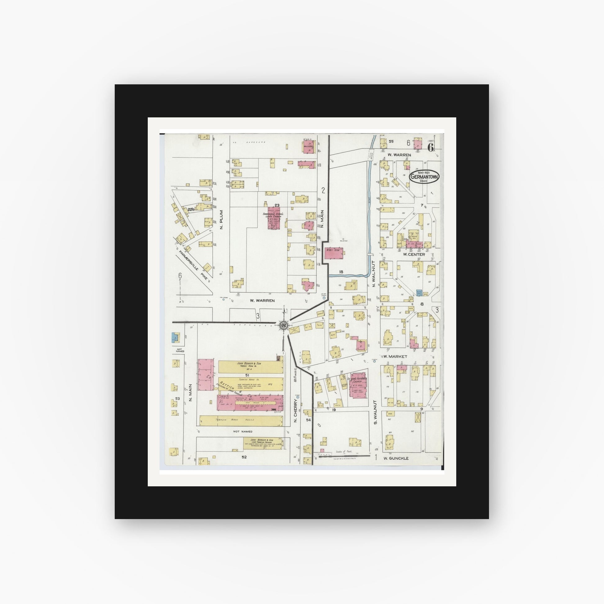 Old map wall art mockup — black gallery frame with white mat — Sanborn Fire Insurance Map from Germantown, Montgomery County, Ohio (1921), Sheet #0006