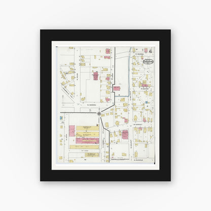 Old map wall art mockup — black gallery frame with white mat — Sanborn Fire Insurance Map from Germantown, Montgomery County, Ohio (1921), Sheet #0006
