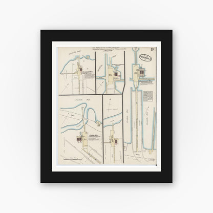 Old map wall art mockup — black gallery frame with white mat — Sanborn Fire Insurance Map from Pensacola, Escambia County, Florida (1884), Sheet #0009