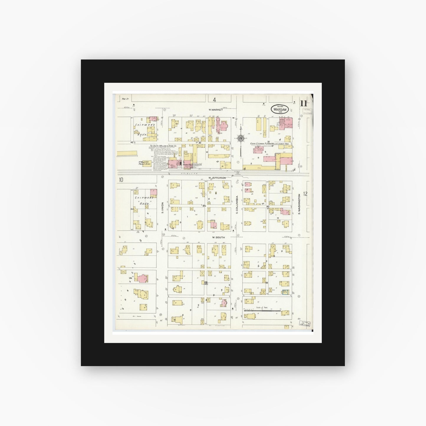 Old map wall art mockup — black gallery frame with white mat — Sanborn Fire Insurance Map from Warsaw, Kosciusko County, Indiana (1910), Sheet #0011