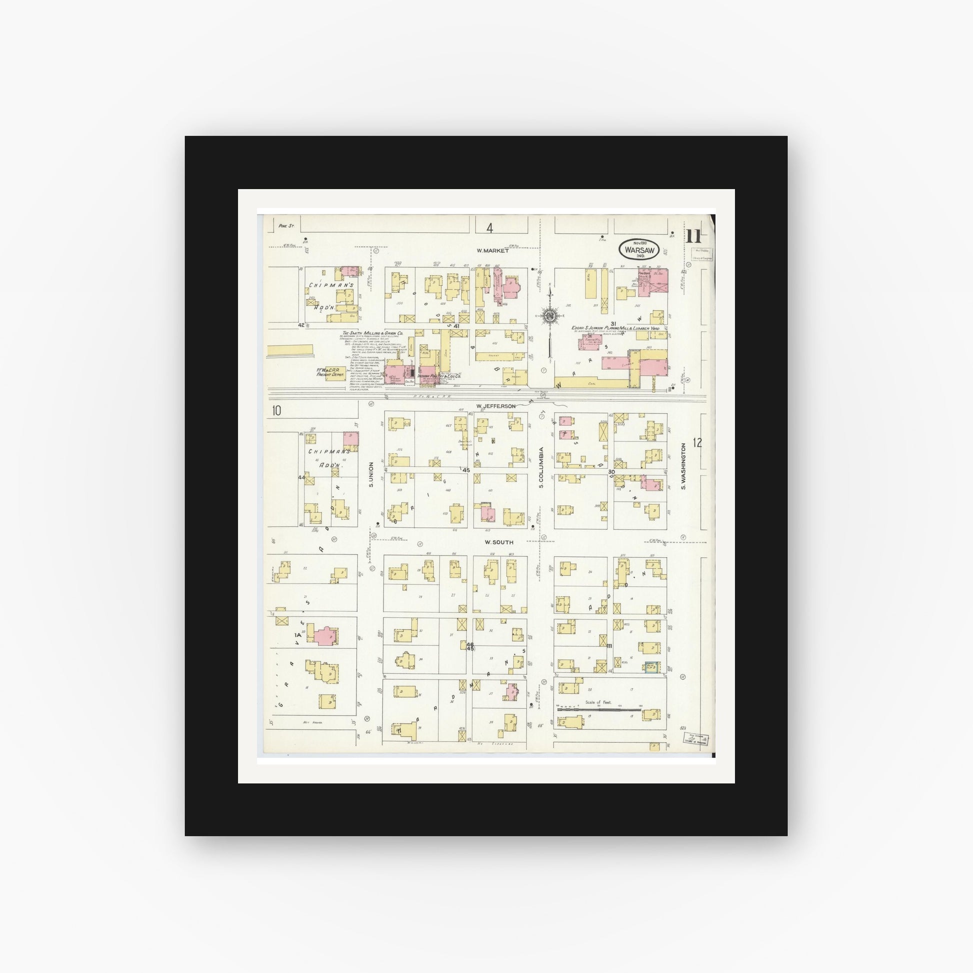Old map wall art mockup — black gallery frame with white mat — Sanborn Fire Insurance Map from Warsaw, Kosciusko County, Indiana (1910), Sheet #0011