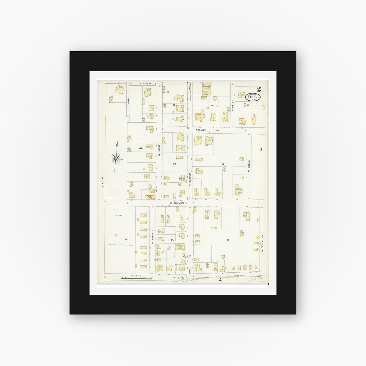 Old map wall art mockup — black gallery frame with white mat — Sanborn Fire Insurance Map from Tyler, Smith County, Texas (1907), Sheet #0002