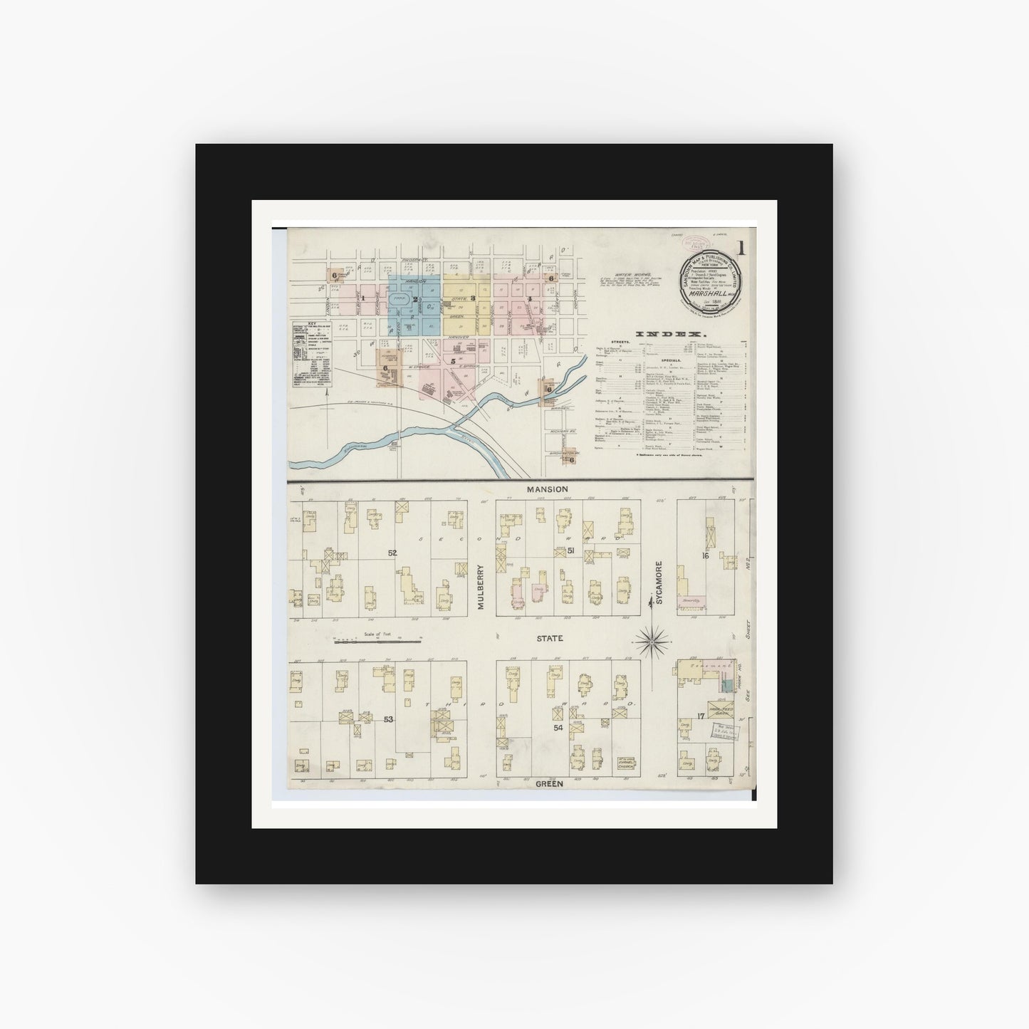 Old map wall art mockup — black gallery frame with white mat — Sanborn Fire Insurance Map from Marshall, Calhoun County, Michigan (1888), Sheet #0001