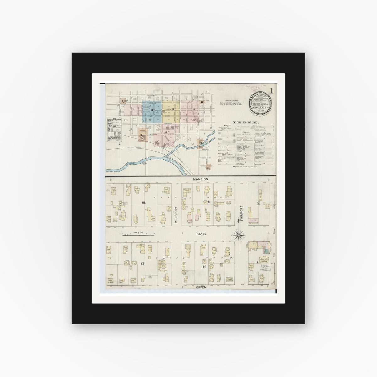 Old map wall art mockup — black gallery frame with white mat — Sanborn Fire Insurance Map from Marshall, Calhoun County, Michigan (1888), Sheet #0001