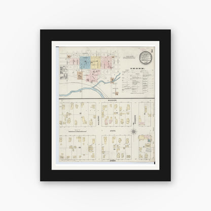 Old map wall art mockup — black gallery frame with white mat — Sanborn Fire Insurance Map from Marshall, Calhoun County, Michigan (1888), Sheet #0001