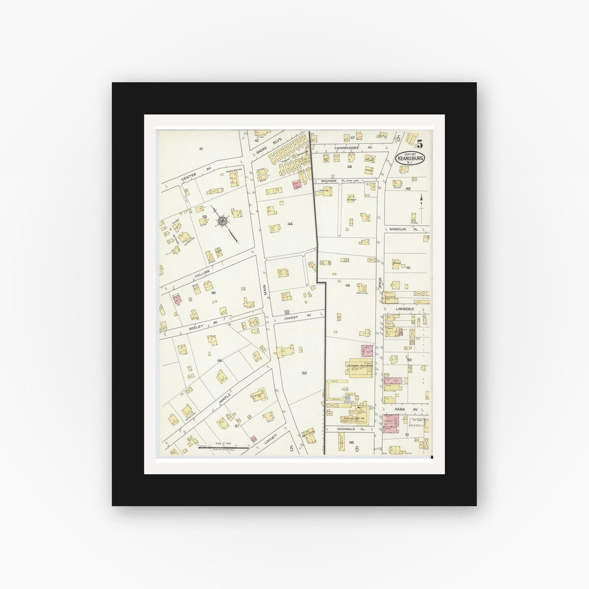 Old map wall art mockup — black gallery frame with white mat — Sanborn Fire Insurance Map from Keansburg, Monmouth County, New Jersey (1917), Sheet #0005