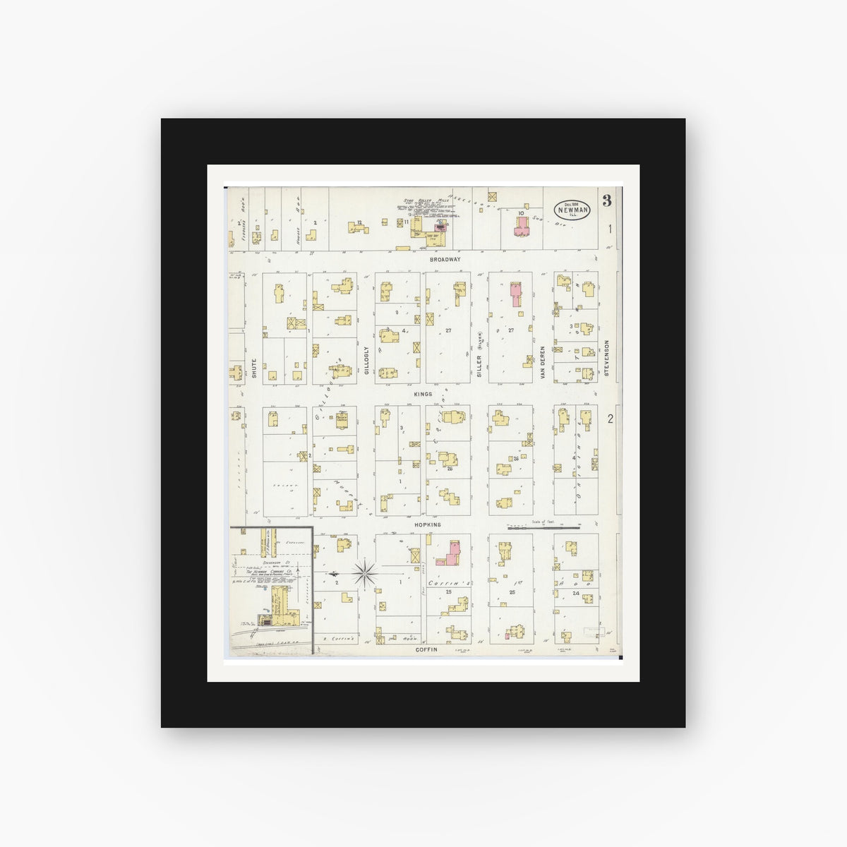 Old map wall art mockup — black gallery frame with white mat — Sanborn Fire Insurance Map from Newman, Douglas County, Illinois (1898), Sheet #0003