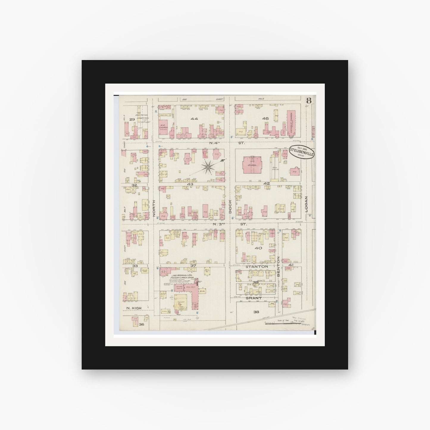 Old map wall art mockup — black gallery frame with white mat — Sanborn Fire Insurance Map from Steubenville, Jefferson County, Ohio (1885), Sheet #0008
