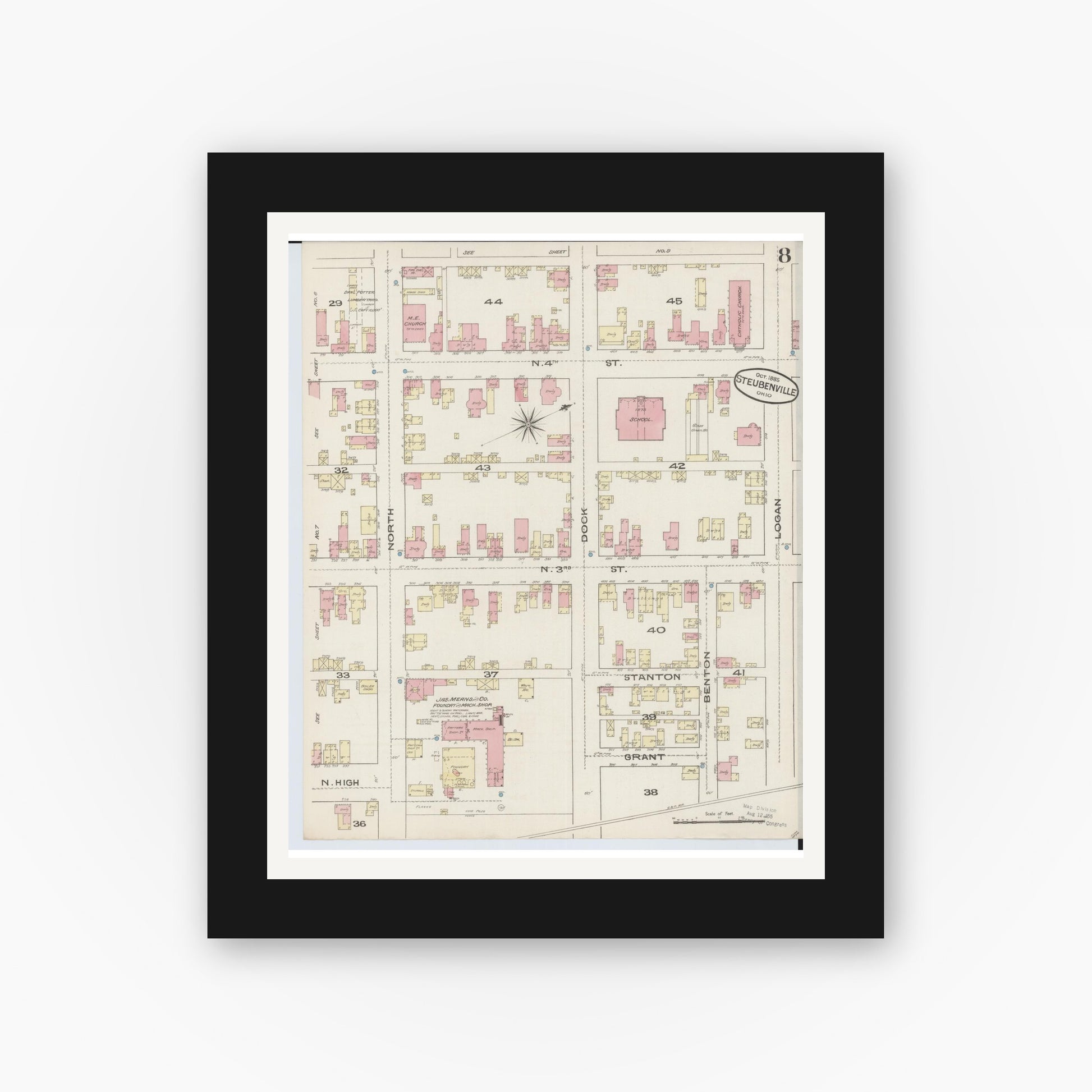 Old map wall art mockup — black gallery frame with white mat — Sanborn Fire Insurance Map from Steubenville, Jefferson County, Ohio (1885), Sheet #0008