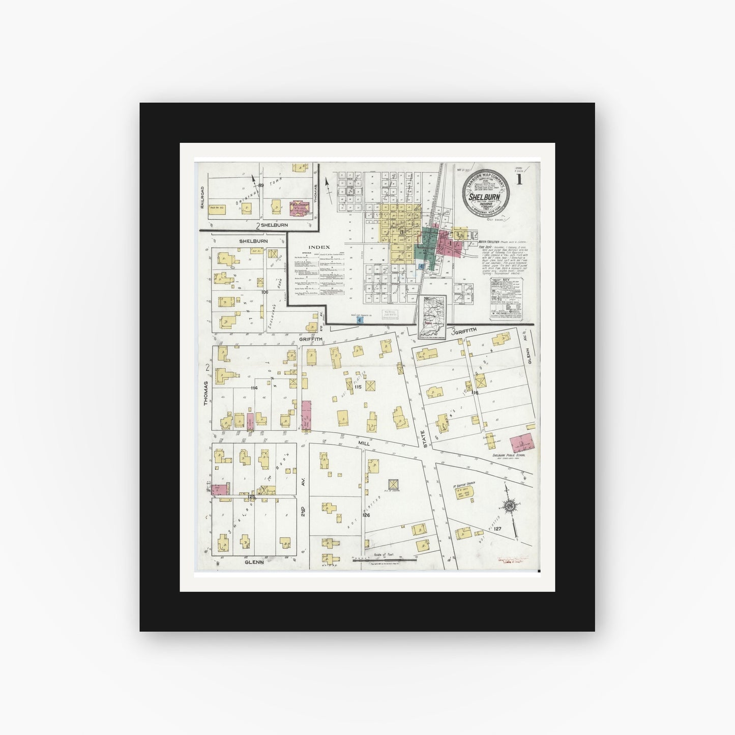 Old map wall art mockup — black gallery frame with white mat — Sanborn Fire Insurance Map from Shelburn, Sullivan County, Indiana (1921) - Complete Map Set