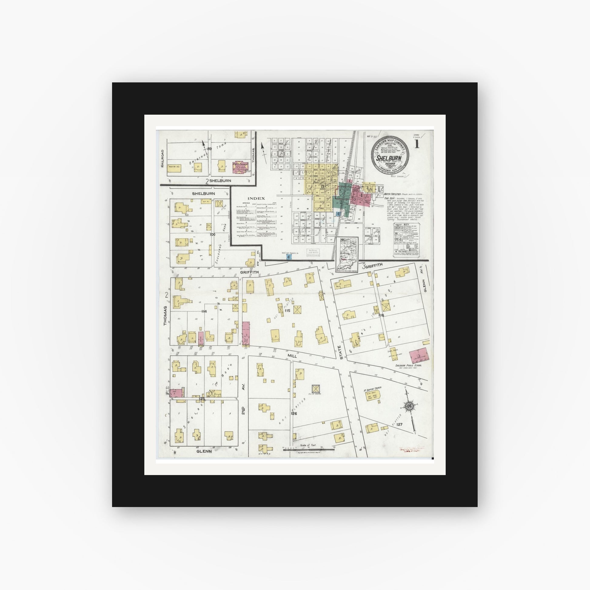 Old map wall art mockup — black gallery frame with white mat — Sanborn Fire Insurance Map from Shelburn, Sullivan County, Indiana (1921) - Complete Map Set