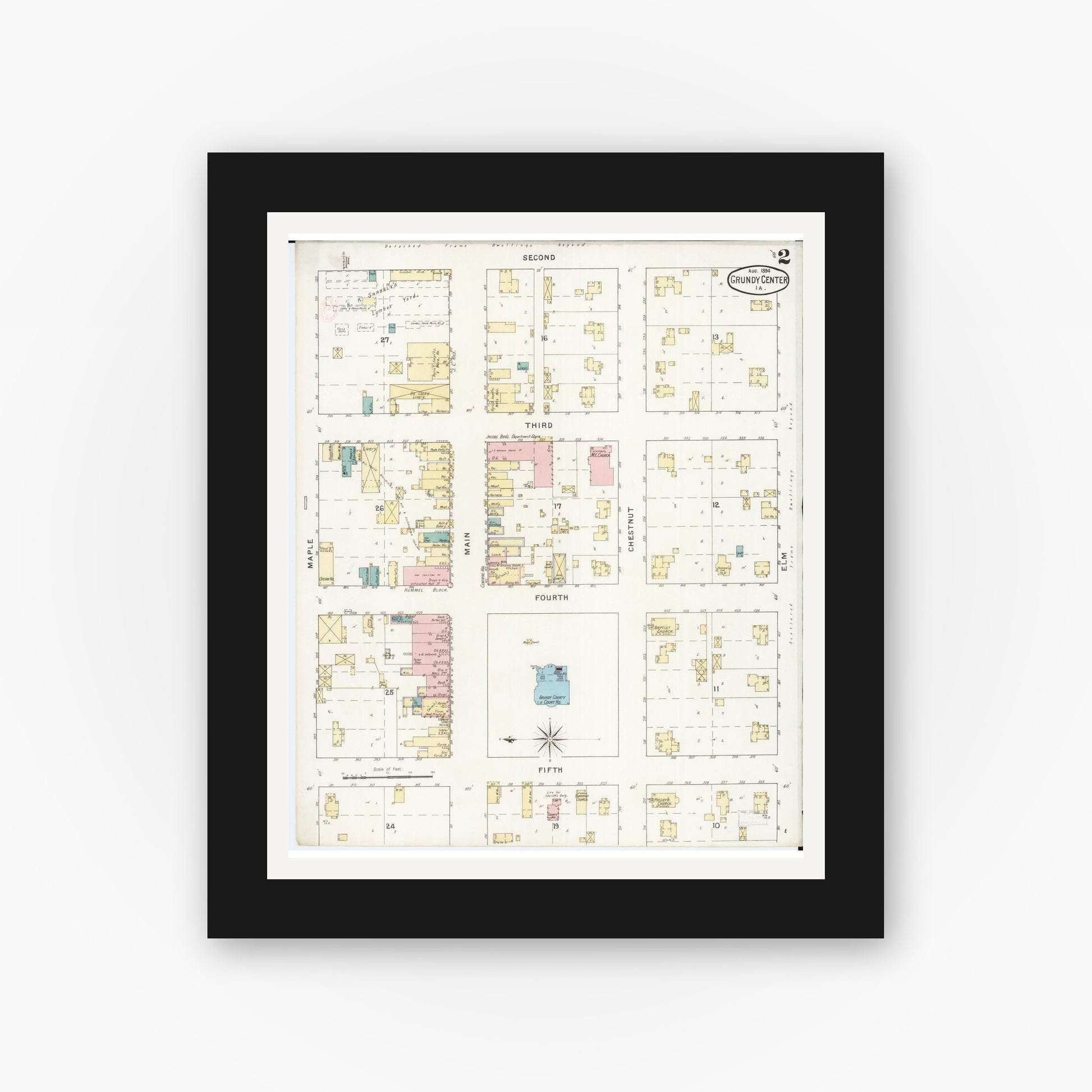 Old map wall art mockup — black gallery frame with white mat — Sanborn Fire Insurance Map from Grundy Center, Grundy County, Iowa (1894), Sheet #0002