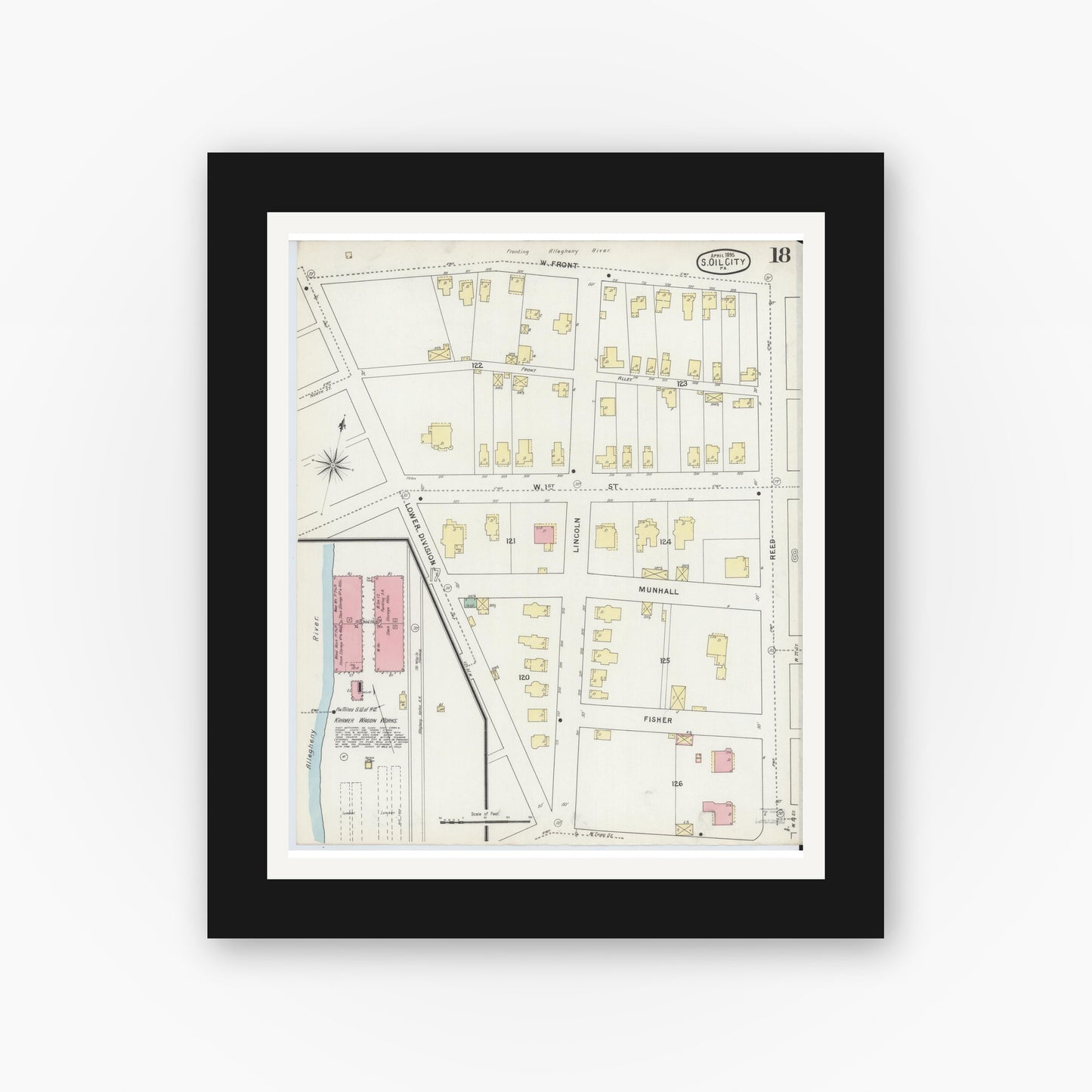 Old map wall art mockup — black gallery frame with white mat — Sanborn Fire Insurance Map from Oil City, Venango County, Pennsylvania (1895), Sheet #0018