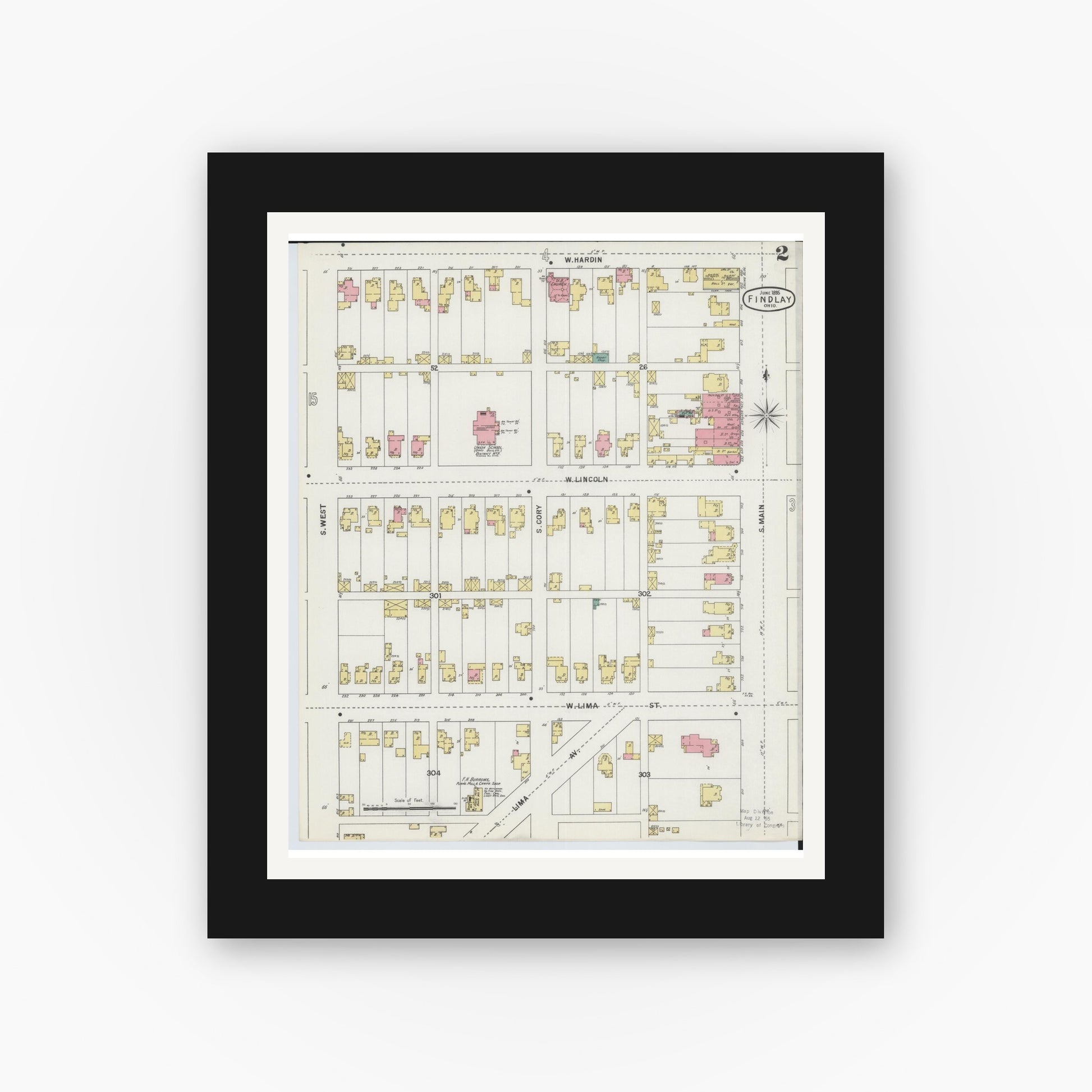 Old map wall art mockup — black gallery frame with white mat — Sanborn Fire Insurance Map from Findlay, Hancock County, Ohio (1895), Sheet #0002