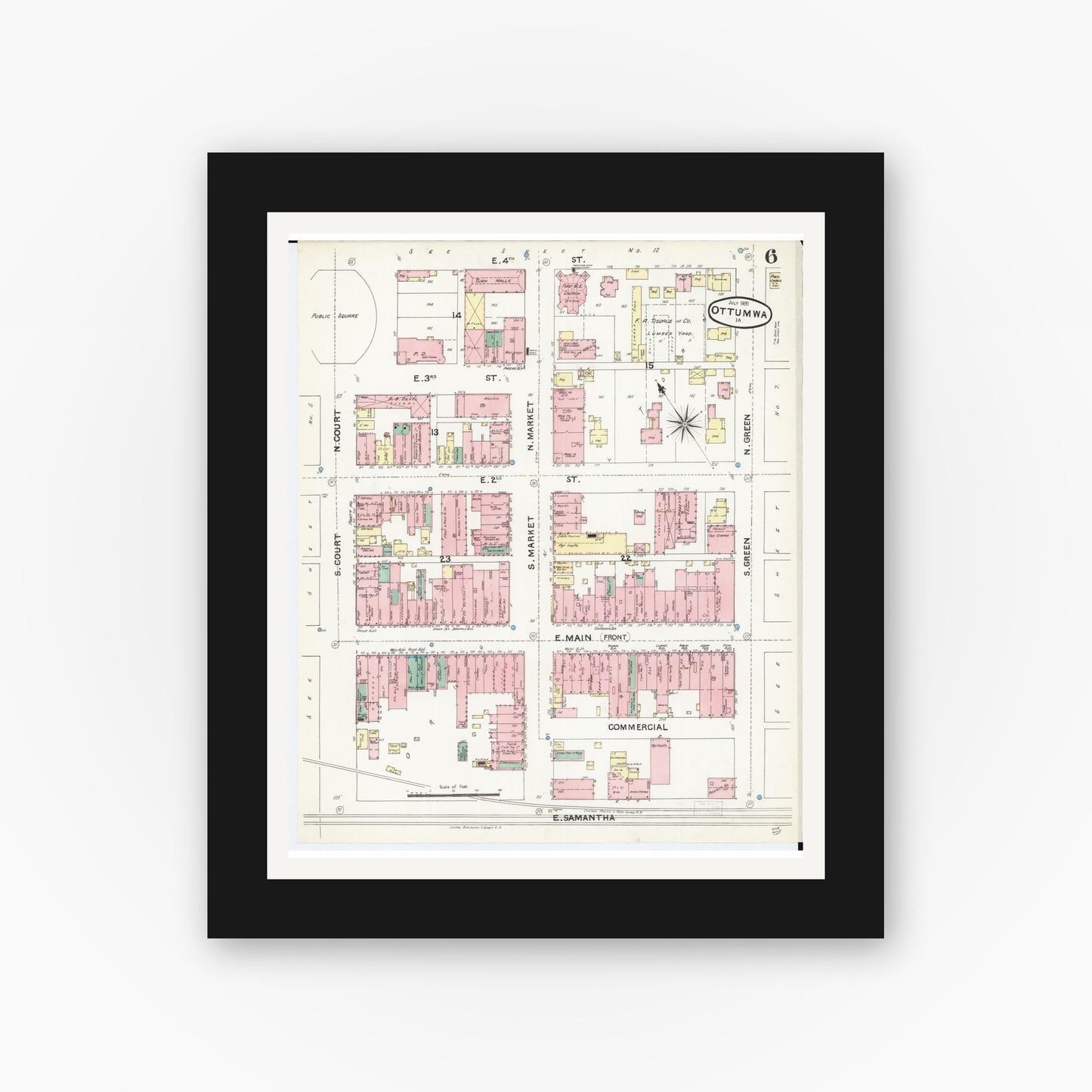 Old map wall art mockup — black gallery frame with white mat — Sanborn Fire Insurance Map from Ottumwa, Wapello County, Iowa (1891), Sheet #0006