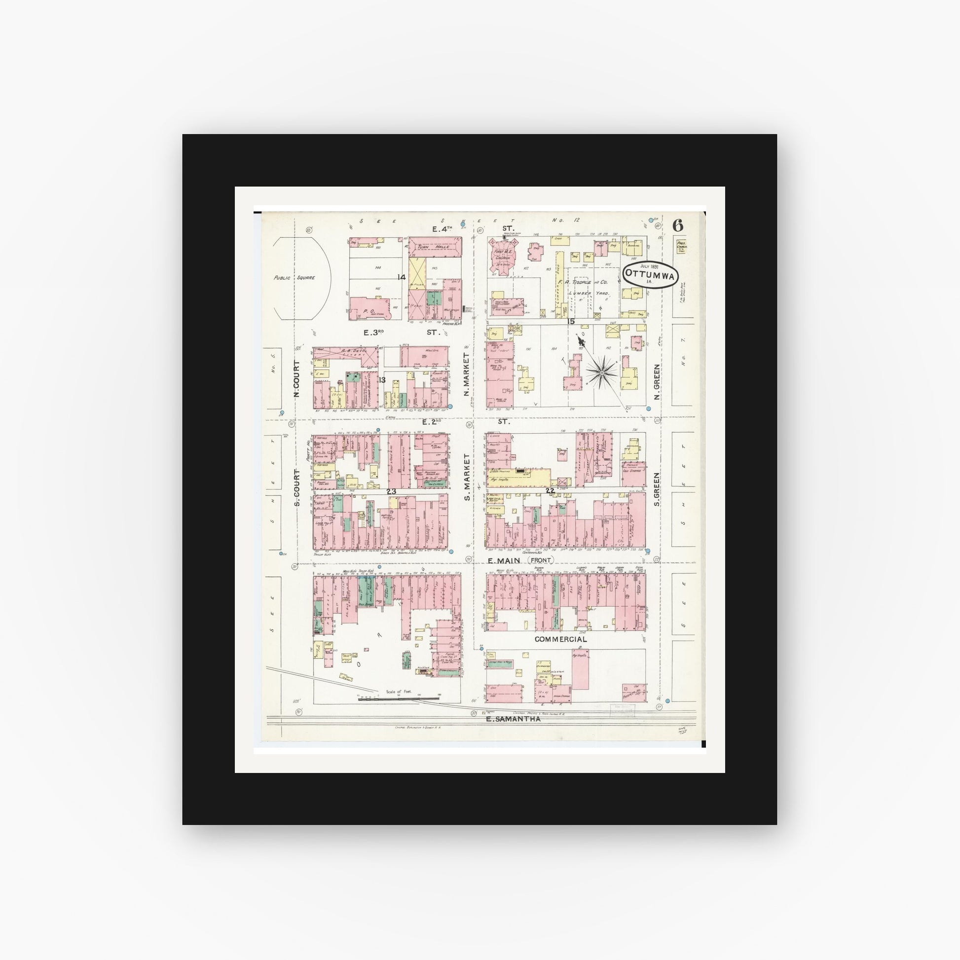 Old map wall art mockup — black gallery frame with white mat — Sanborn Fire Insurance Map from Ottumwa, Wapello County, Iowa (1891), Sheet #0006