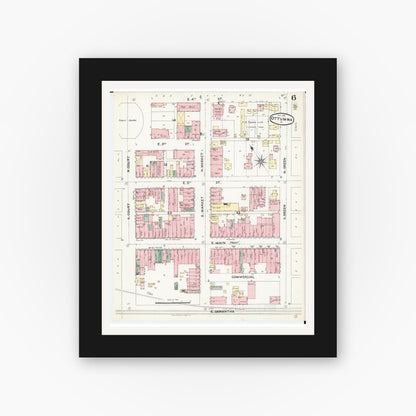 Old map wall art mockup — black gallery frame with white mat — Sanborn Fire Insurance Map from Ottumwa, Wapello County, Iowa (1891), Sheet #0006
