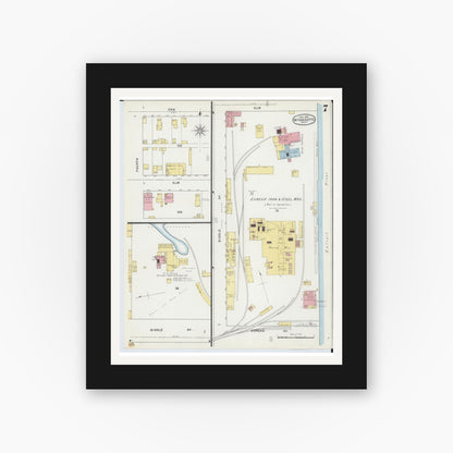 Old map wall art mockup — black gallery frame with white mat — Sanborn Fire Insurance Map from Wyandotte, Wayne County, Michigan (1895), Sheet #0007