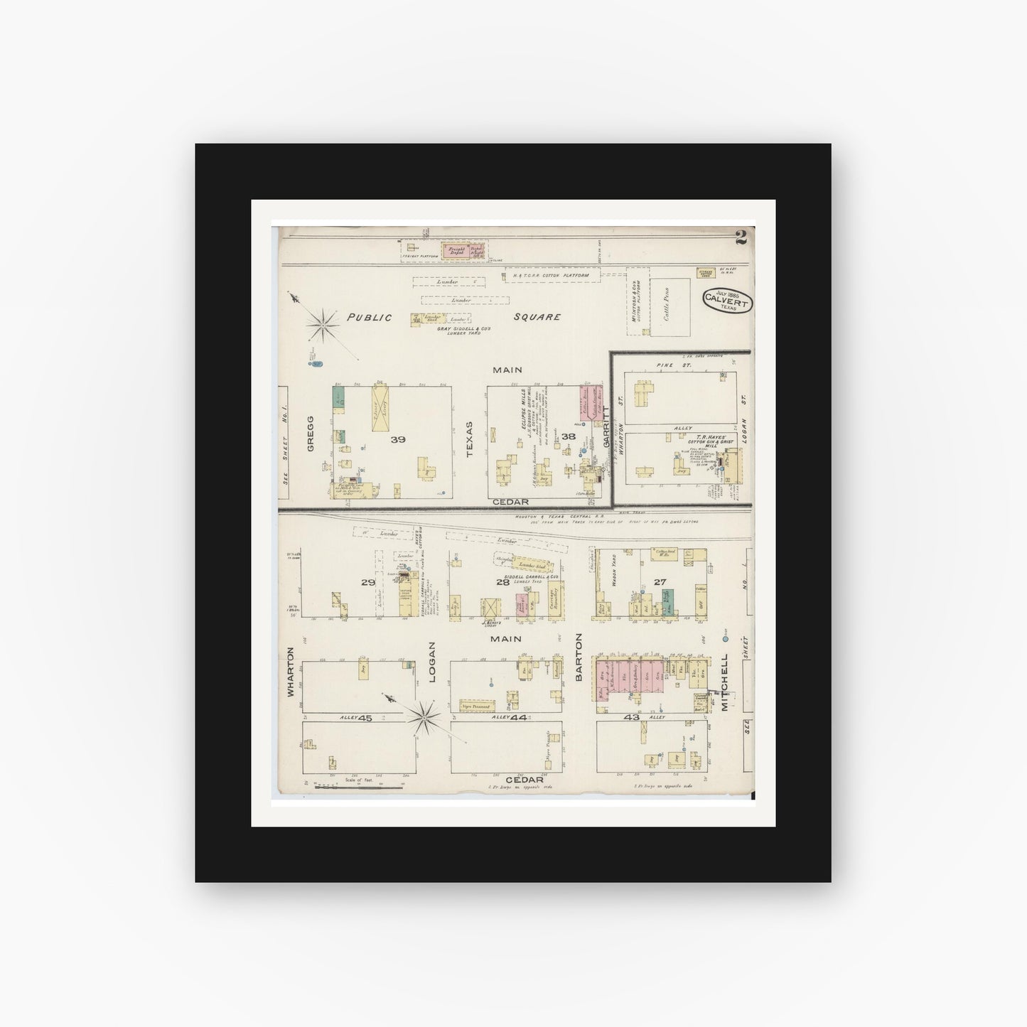 Old map wall art mockup — black gallery frame with white mat — Sanborn Fire Insurance Map from Calvert, Robertson County, Texas (1885), Sheet #0002