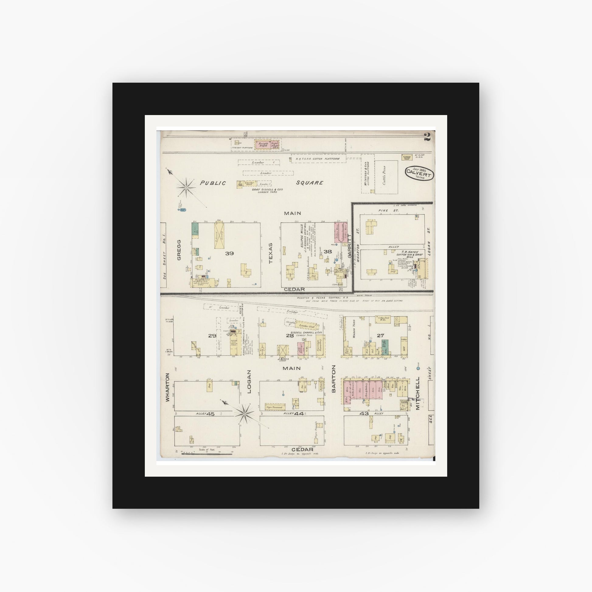 Old map wall art mockup — black gallery frame with white mat — Sanborn Fire Insurance Map from Calvert, Robertson County, Texas (1885), Sheet #0002
