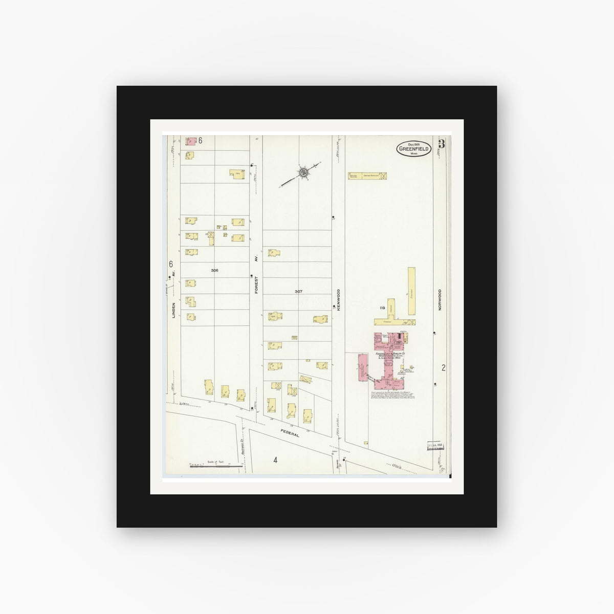 Old map wall art mockup — black gallery frame with white mat — Sanborn Fire Insurance Map from Greenfield, Franklin County, Massachusetts (1909), Sheet #0003