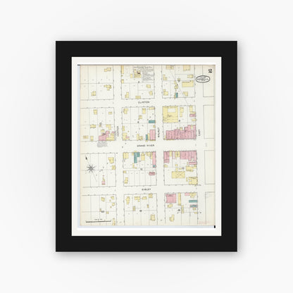 Old map wall art mockup — black gallery frame with white mat — Sanborn Fire Insurance Map from Howell, Livingston County, Michigan (1892), Sheet #0002
