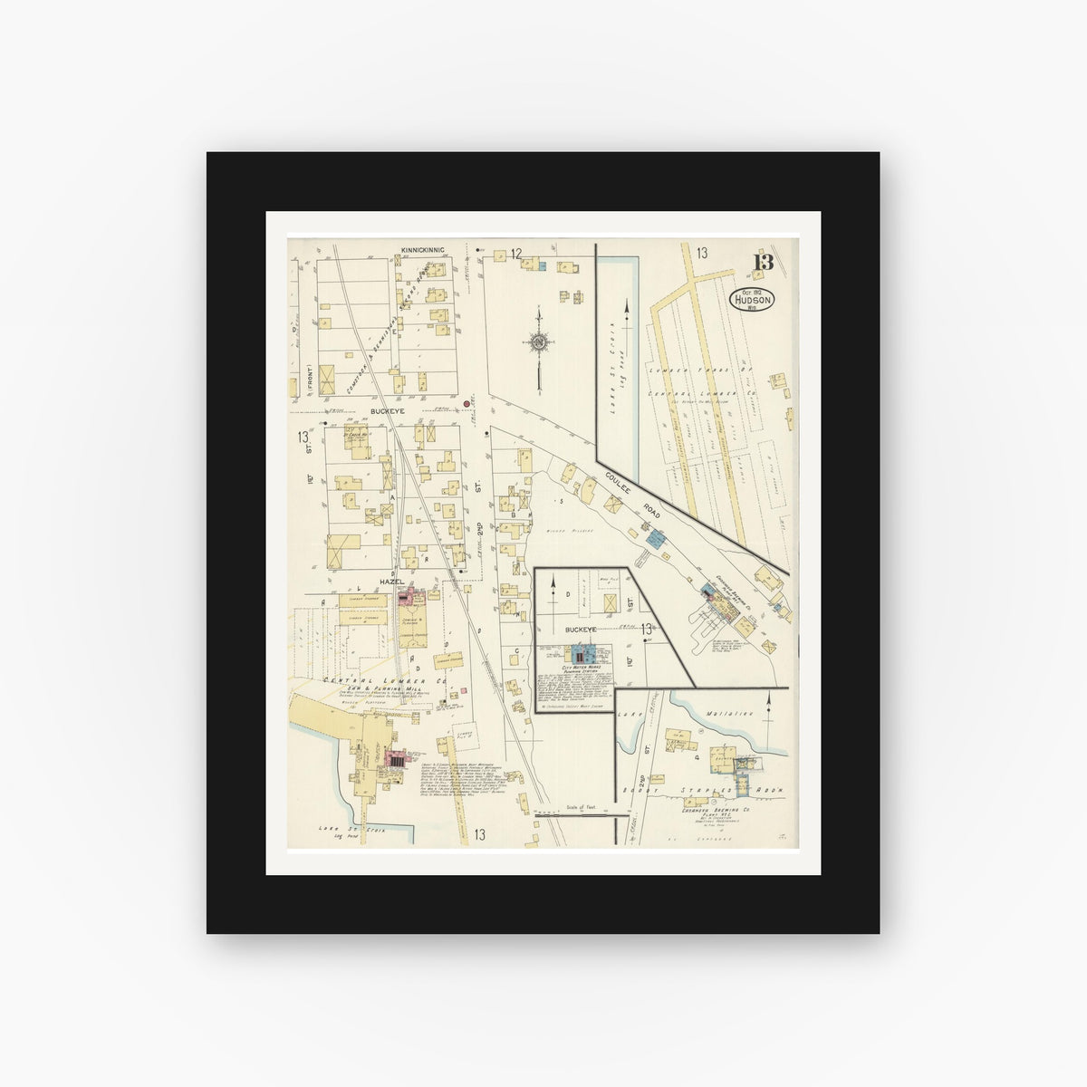 Old map wall art mockup — black gallery frame with white mat — Sanborn Fire Insurance Map from Hudson, St. Croix County, Wisconsin (1912), Sheet #0013