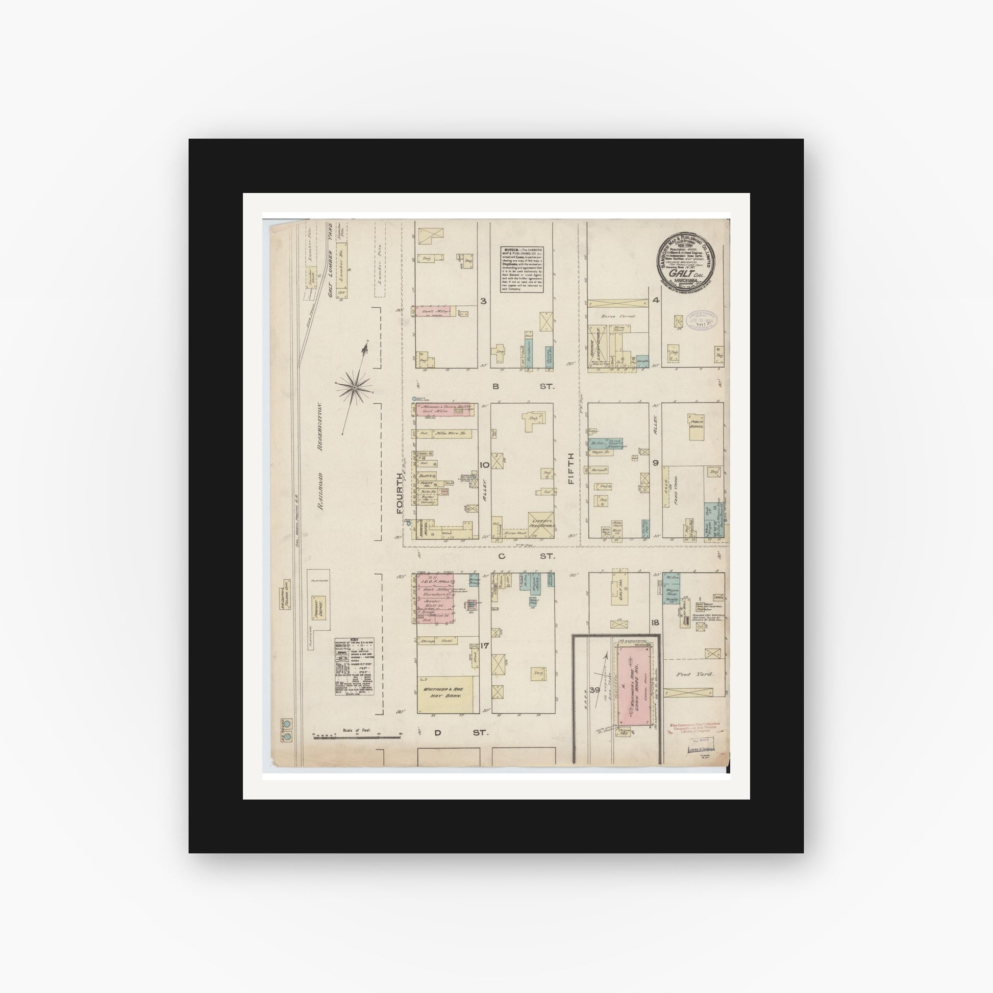 Old map wall art mockup — black gallery frame with white mat — Sanborn Fire Insurance Map from Galt, Sacramento County, California (1884), Sheet #0001
