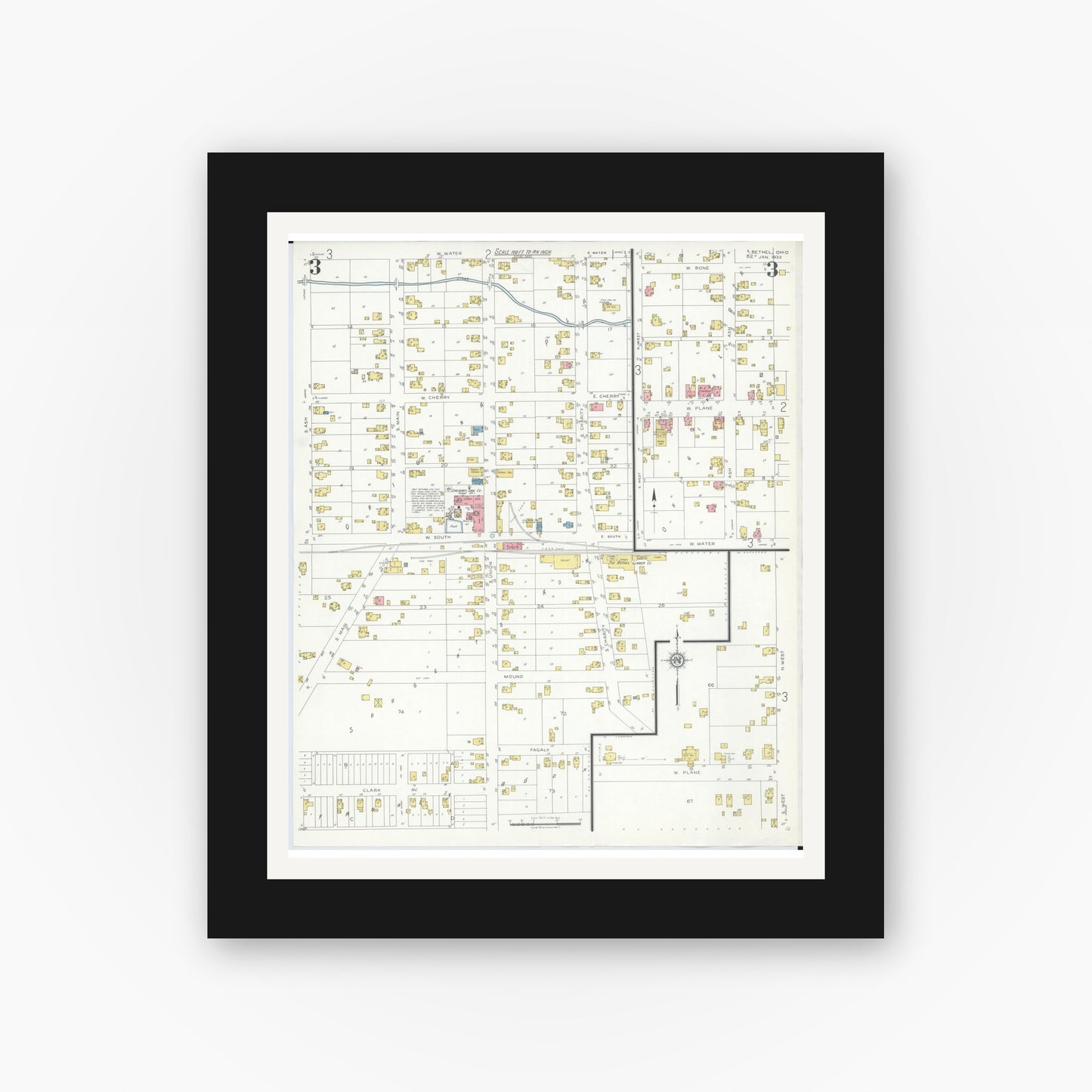 Old map wall art mockup — black gallery frame with white mat — Sanborn Fire Insurance Map from Bethel, Clermont County, Ohio (1933), Sheet #0003