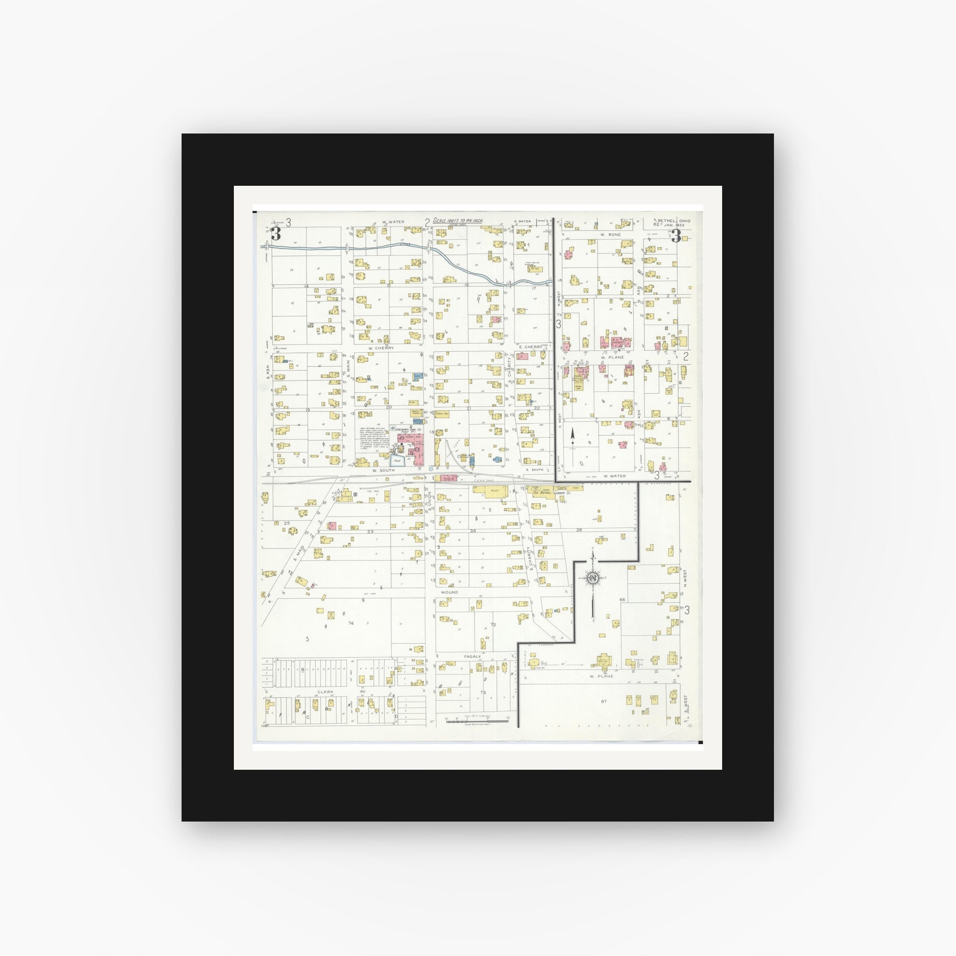 Old map wall art mockup — black gallery frame with white mat — Sanborn Fire Insurance Map from Bethel, Clermont County, Ohio (1933), Sheet #0003