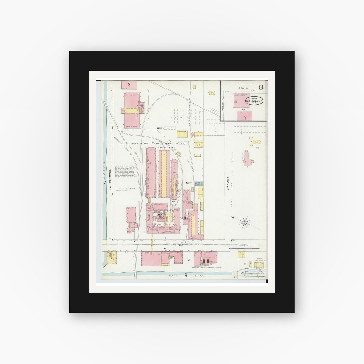 Old map wall art mockup — black gallery frame with white mat — Sanborn Fire Insurance Map from Massillon, Stark County, Ohio (1896), Sheet #0008