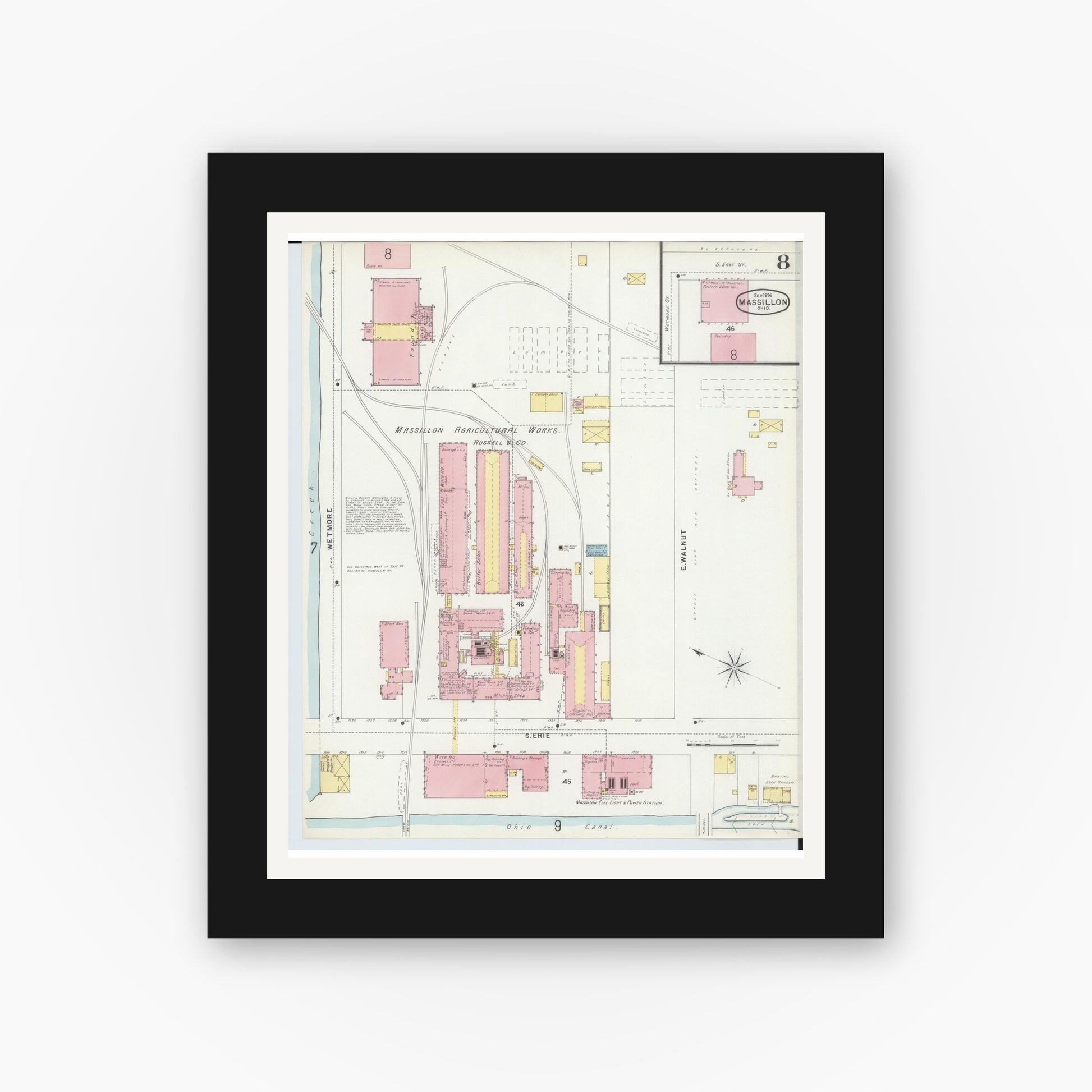 Old map wall art mockup — black gallery frame with white mat — Sanborn Fire Insurance Map from Massillon, Stark County, Ohio (1896), Sheet #0008