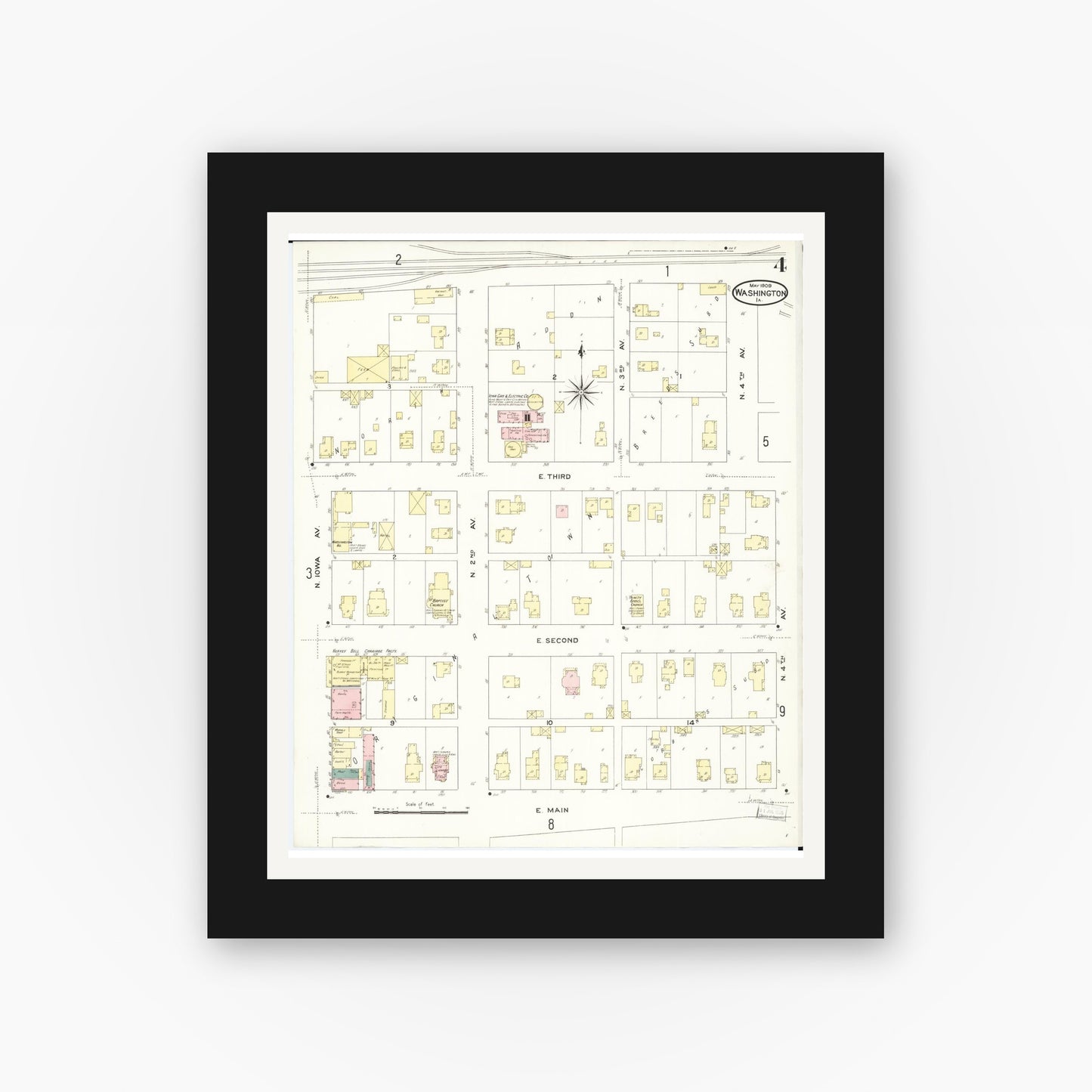 Old map wall art mockup — black gallery frame with white mat — Sanborn Fire Insurance Map from Washington, Washington County, Iowa (1909), Sheet #0004