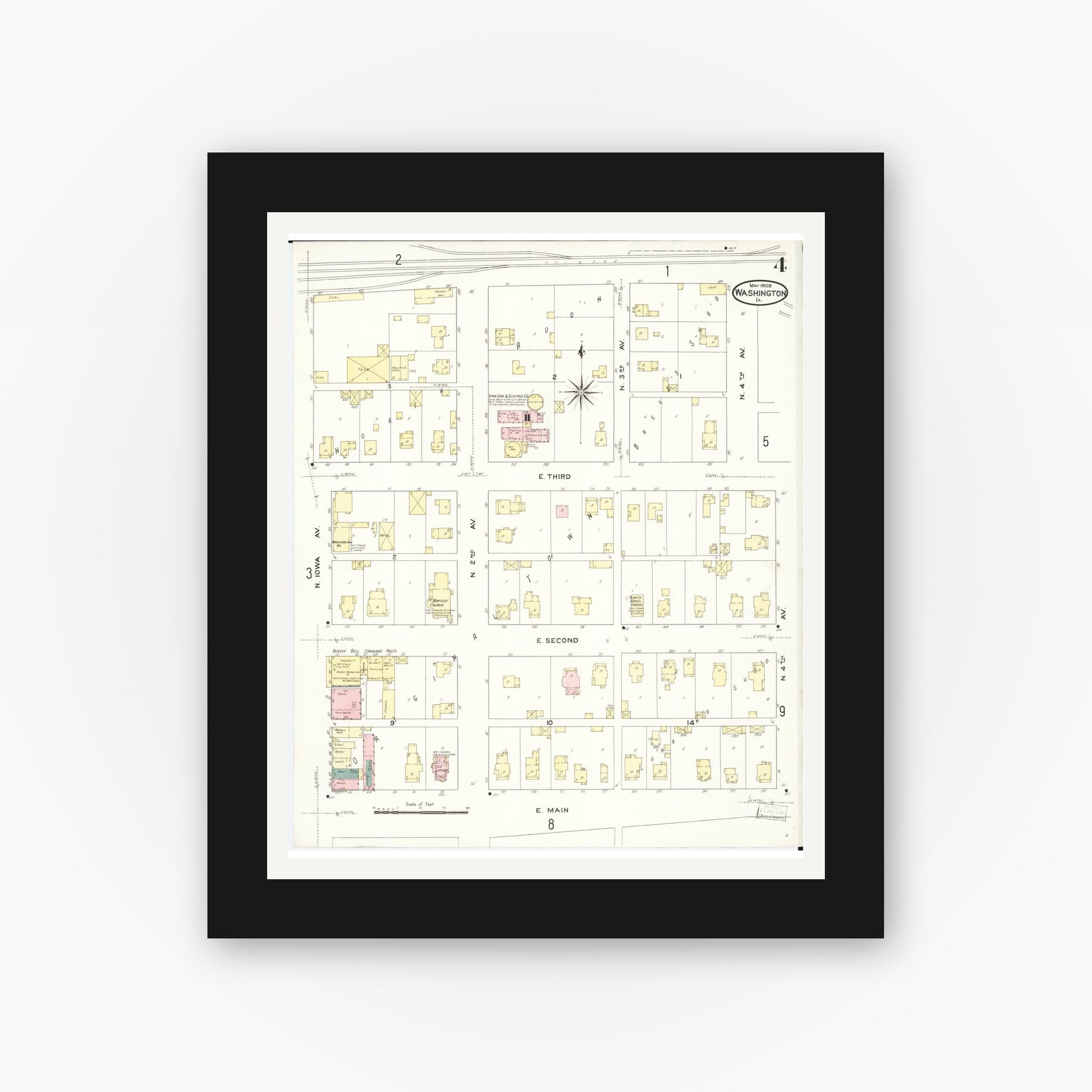 Old map wall art mockup — black gallery frame with white mat — Sanborn Fire Insurance Map from Washington, Washington County, Iowa (1909), Sheet #0004
