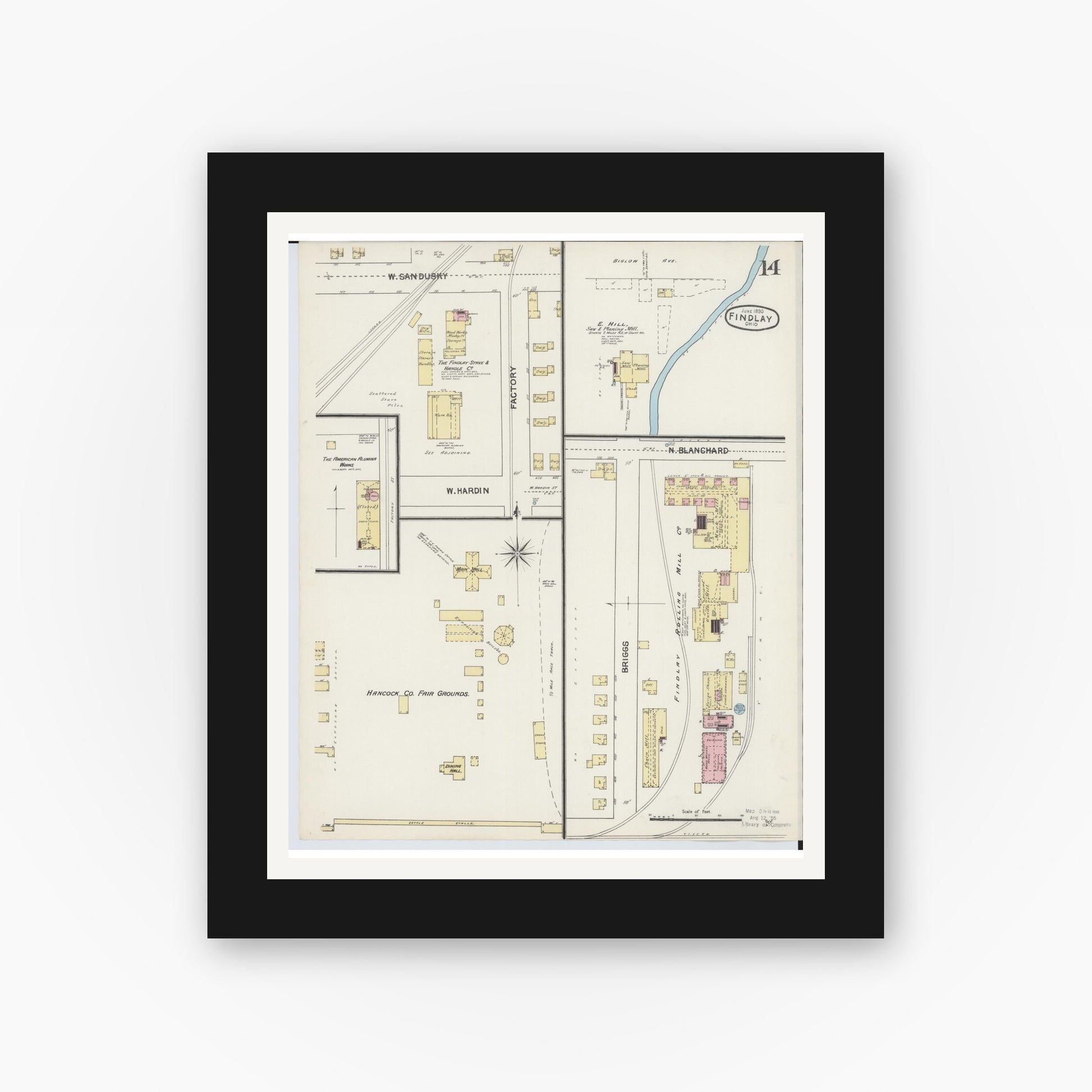 Old map wall art mockup — black gallery frame with white mat — Sanborn Fire Insurance Map from Findlay, Hancock County, Ohio (1890), Sheet #0014
