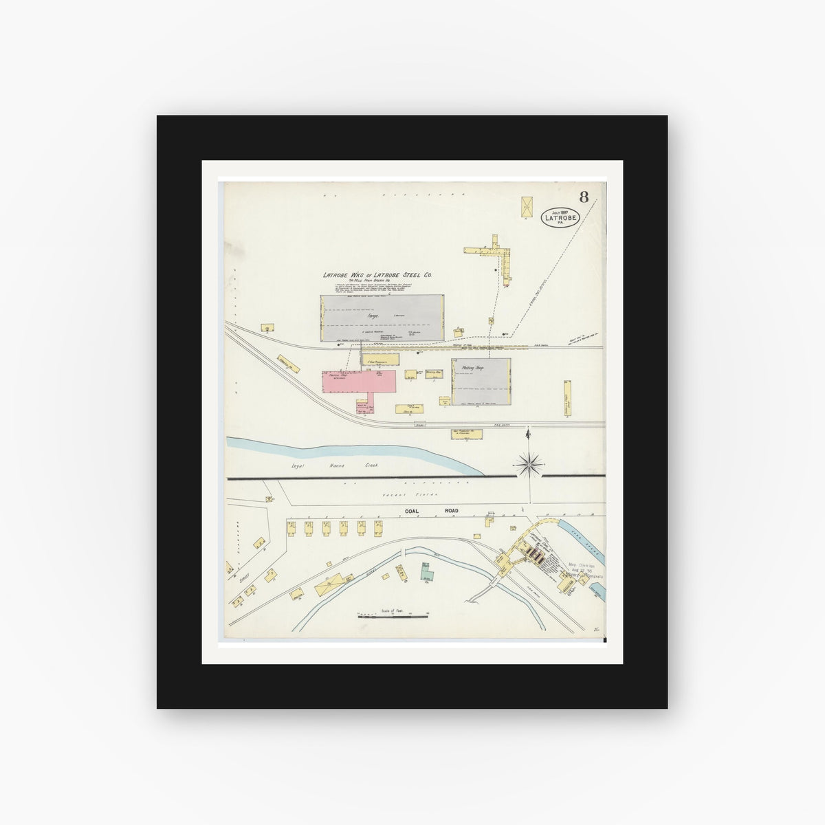 Old map wall art mockup — black gallery frame with white mat — Sanborn Fire Insurance Map from Latrobe, Westmoreland County, Pennsylvania (1897), Sheet #0008