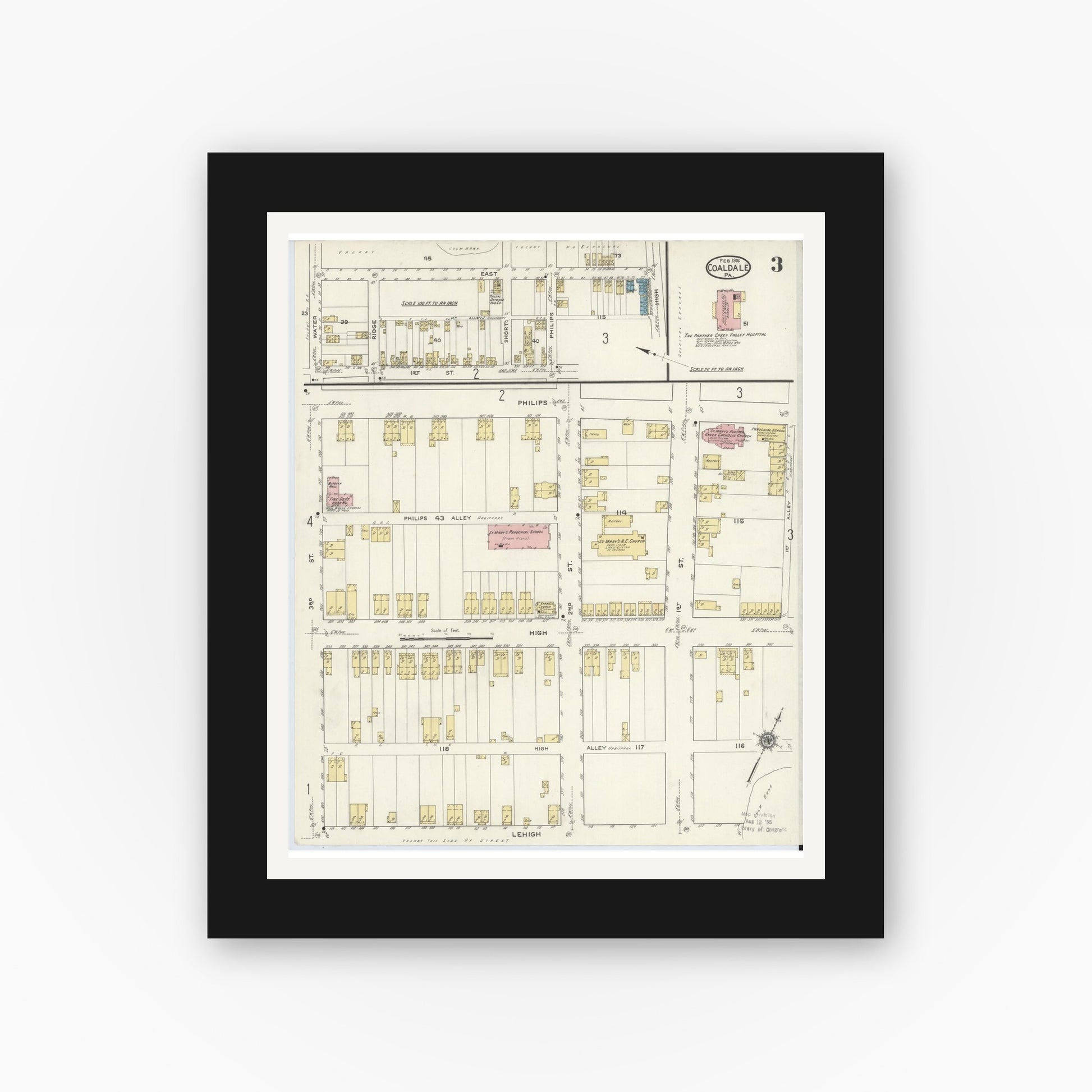 Old map wall art mockup — black gallery frame with white mat — Sanborn Fire Insurance Map from Coaldale, Schuylkill County, Pennsylvania (1916), Sheet #0003