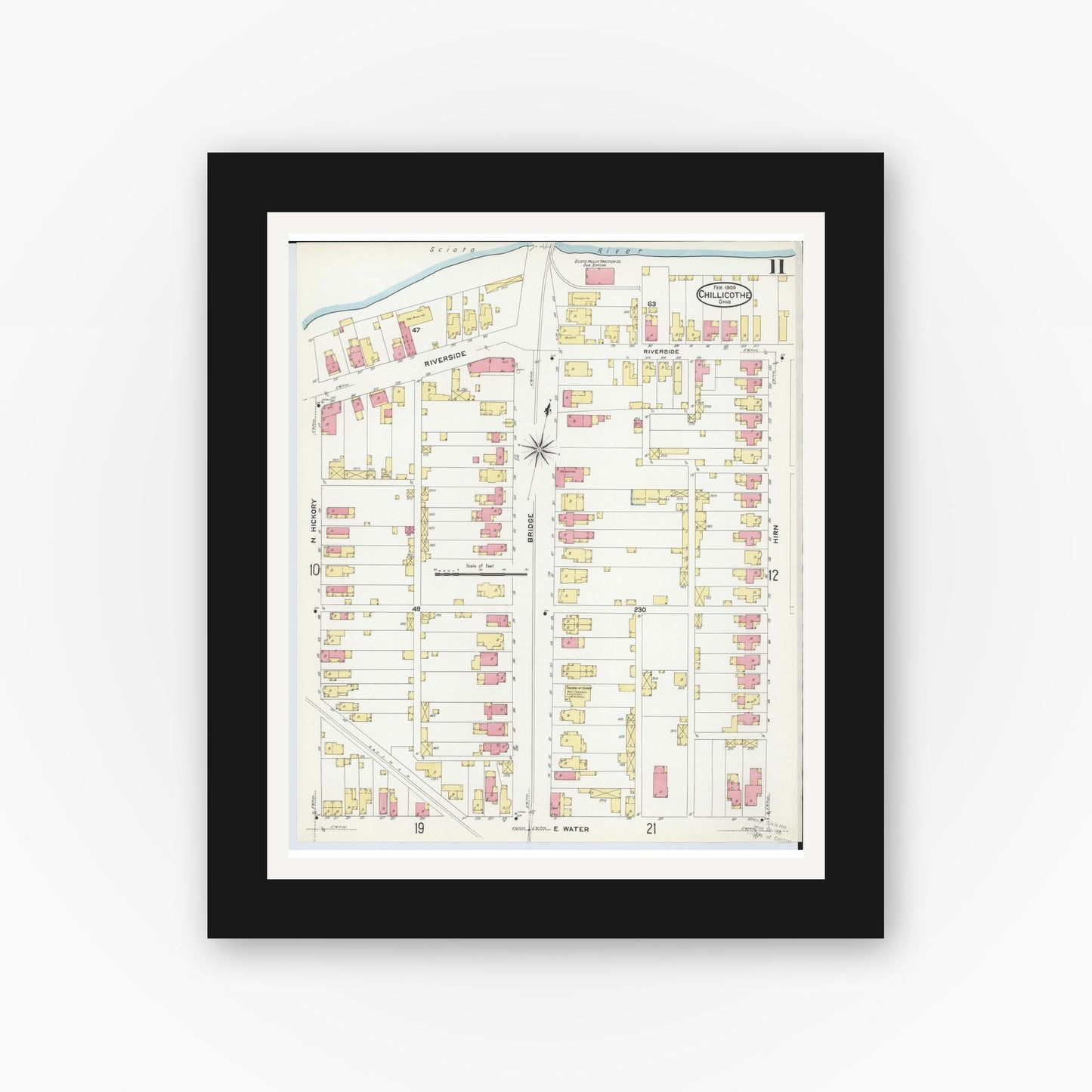 Old map wall art mockup — black gallery frame with white mat — Sanborn Fire Insurance Map from Chillicothe, Ross County, Ohio (1909), Sheet #0011