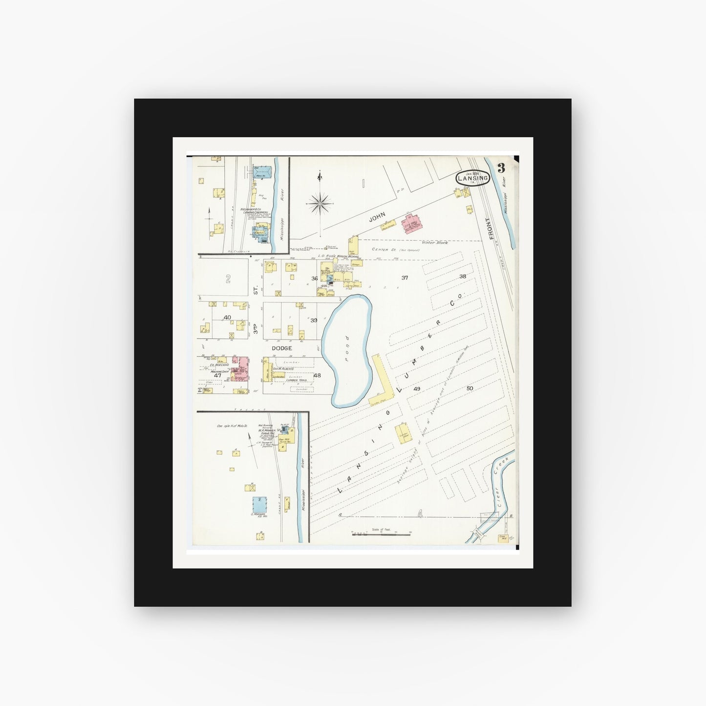 Old map wall art mockup — black gallery frame with white mat — Sanborn Fire Insurance Map from Lansing, Allamakee County, Iowa (1894), Sheet #0003
